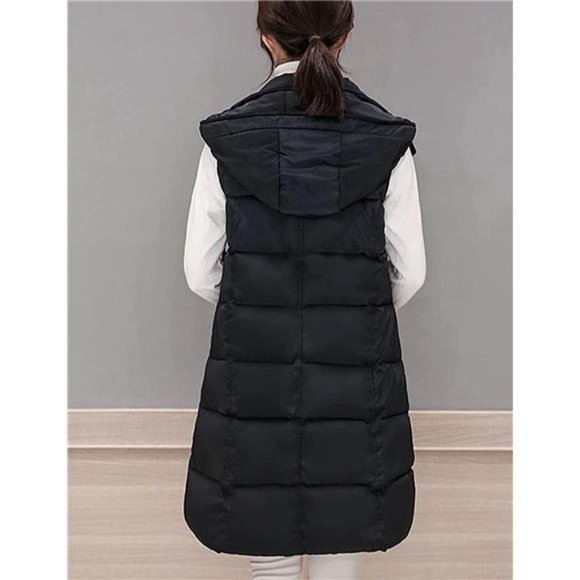 Women's Long Puffer Vest Sleeveless Coat Quilted Vest Jacket with Hood - Picture 6 of 7